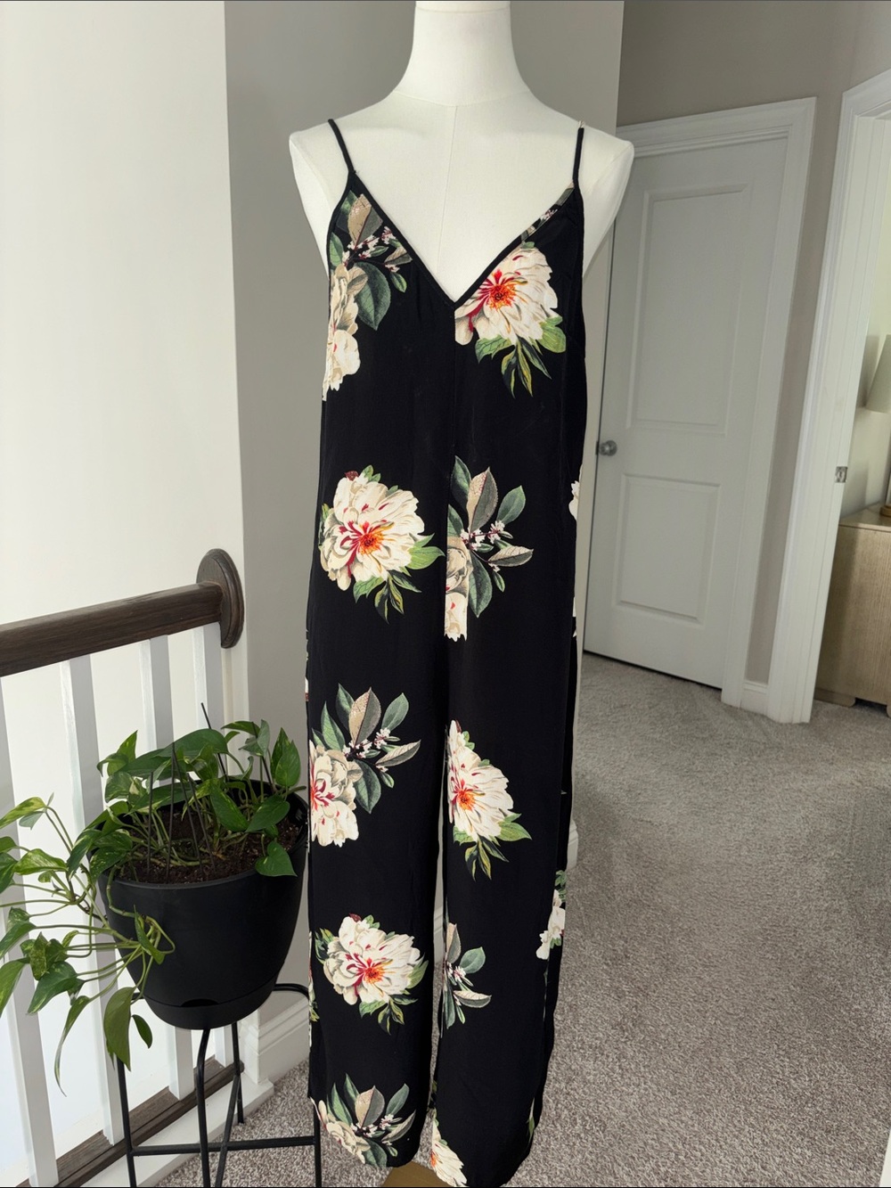 Topshop Black Floral V-Neck Spaghetti-Strap Jumpsuit